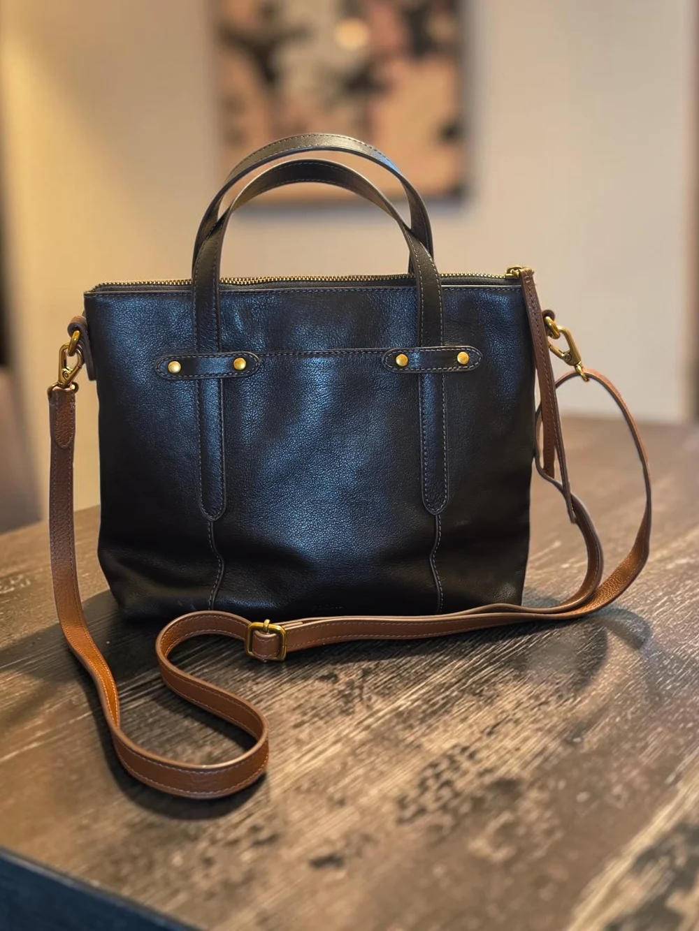 Fossil Felicity Black Leather Satchal